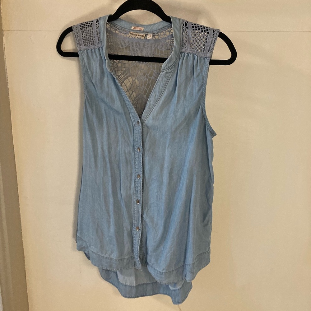 Holding Horses Denim Blouse with Crochet Floral Open-Back Detail